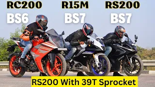 Pulsar RS200 {BS7} With 39T Sprocket vs KTM RC200 {BS6} vs Yamaha R15M {BS7} Drag Race