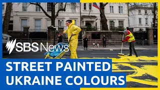 Huge Ukrainian flag painted on road outside this Russian Embassy | SBS News