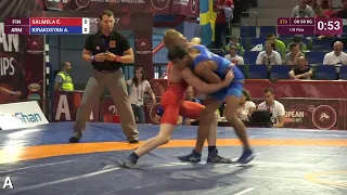 1/8 GR - 58 kg: A. KIRAKOSYAN (ARM) df. E. SALMELA (FIN) by VSU, 11-0