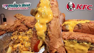 MUKBANG EATING PHILLY'S BEST CHEESY CHEESESTEAKS, CHEESY CHEESESTEAK FRIES, CRISPY KFC CHICKEN ASMR