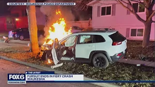 Waukesha pursuit ends in crash; vehicle catches fire, driver arrested | FOX6 News Milwaukee