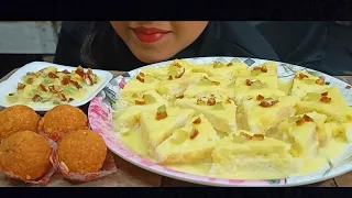 ASMR Eating Shahi tukda, fruits rabdi and ladoo | Indian sweets mukbang| #asmr #mukbang