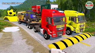 Double Flatbed Trailer Truck vs speed bumps|Busses vs speed bumps|Beamng Drive|484