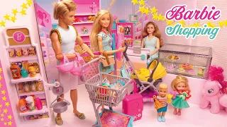 Barbie Shopping with Ken and Kids in Grocery Store Supermarket (Story For Kids And Toddlers)