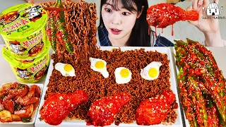 ASMR MUKBANG| 직접 만든 짜장 불닭볶음면 양념치킨 소세지 먹방 & 레시피 FRIED CHICKEN AND FIRE NOODLES EATING