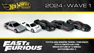 Unboxing the 2024 Hot Wheels Fast & Furious Gold Line Wave 1 - R32 GTR, AAR Cuda, RS200, AE86, NSX R