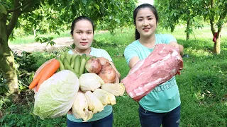 Yummy beef steak - 2 sisters cook beef in mango farm - Amazing cooking video