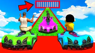 SHINCHAN AND FRANKLIN TRIED UPSKY LASER MEGARAMP HARD RACE JUMP CHALLENGE BY CARS BIKES TRUCKS GTA 5