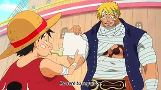 Luffy entrega un pedazo de vibre card a bellamy y sus 7 comandantes