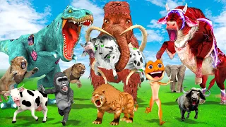 10 Giant Lion vs 10 Zombie Cow Bull vs Dinosaur Attack Baby Elephant Saved By Woolly Mammoth Gorilla