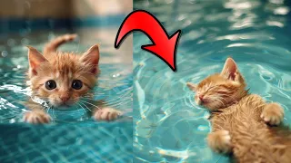 La historia del lindo gatito bebe y la piscina / Videos de gatos graciosos en español