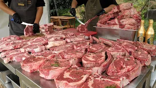 giant tomahawk steak making in the mountains - korean restaurant food