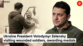 Ukraine President Volodymyr Zelensky visiting wounded soldiers, awarding medals