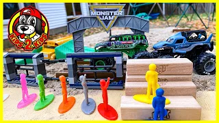 Monster Jam Truck Toys - Grave Digger, Megalodon RIDE Trucks THUNDER ALLEY Downhill Race & CHALLENGE