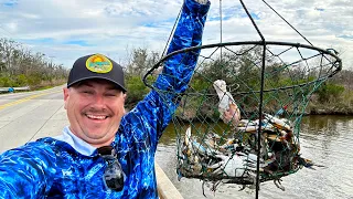 Catching DOZENS of CRABS from a Tiny Bridge ( Catch and Cook )