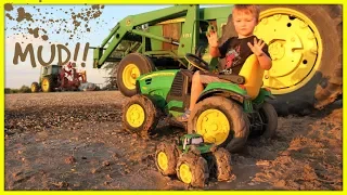 Tractors stuck in the mud | Playing with real and toy tractors on the farm for kids