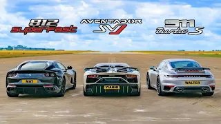 Lamborghini Aventador SVJ v Ferrari 812 v Porsche 911 Turbo S: DRAG RACE