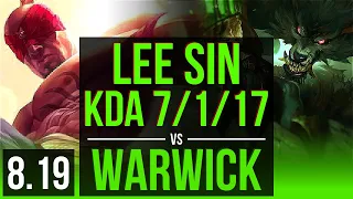 LEE SIN vs WARWICK (JUNGLE) | KDA 7/1/17, Dominating | NA Diamond | v8.19