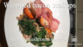 Wrapped Bacon Scallops With Garlic Mushroom Spinach