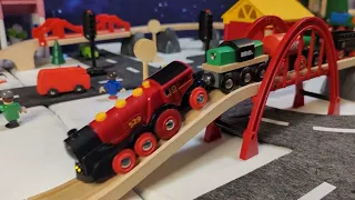 BRIO Wooden Railway.Snowy city.Trains and cars running. snow plow train.