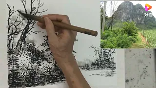 Sumi-e ink landscape painting Demonstration