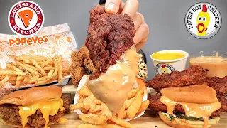 MUKBANG EATING Popeyes Chicken & Fries, Dave's Hot Chicken Burgers & FRIED Tenders, Cheese & Donuts