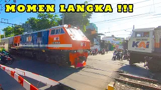 LANGKA !! Perlintasan Kecil Satu Palang Ini Dilewati Kereta Api Lokomotif CC 201 RnB Merah Biru