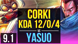 CORKI vs YASUO (MID) | KDA 12/0/4, 2 early solo kills, Legendary | BR Diamond | v9.1