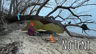 Winter Camping on a Beach with No Tent | Tarp Camping with my dog | Morning Rain