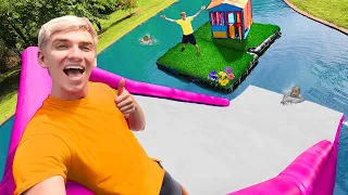 LAST TO LEAVE INFLATABLE ISLAND on BACKYARD POND WINS $10,000!! (Pond Monster Hiding In Water Slide)