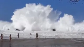 Riesenwelle überrascht Leute am Strand