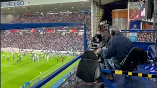 TV cameraman stand shaking at Ibrox as Glasgow Rangers fans go crazy after beating RB Leipzig