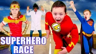 The Flash VS Wonder Woman VS Superman Race! Super Hero Team Up To Get Super Powers Back!