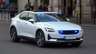 New unmarked Polestar 2 electric police car + Volvo V60 blue light run