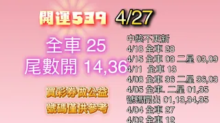 4/27 開運539 / 全車中 25/尾數中 14,36/ 連續全車版路分享/ 尾數 分享/