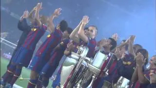 FC barcelona celebrating the 6 trophies