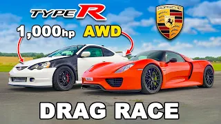 1,000hp AWD Honda v Porsche 918 Spyder: DRAG RACE