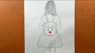 desenhar uma garota indo para a escola com uma bolsa | Desenho a lápis  | Tutorial de desenho fácil