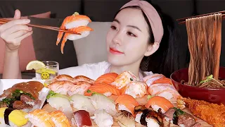 ASMR)스시특집🍣모듬+연어초밥+시원한 냉모밀 먹방🥢 (소고기,광어,장새우,장어,새우튀김 등)Sushi!Salmon sushi mukbang fried shrimp