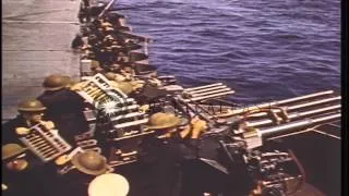 Gun crews aboard carriers of US Task Force fire guns at Japanese aircraft during ...HD Stock Footage