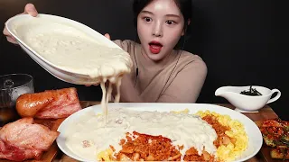 SUB)Creamy Cheese Spam Kimchi-bokkeumbap & Whole Bacon Mukbang ASMR Eating Sounds