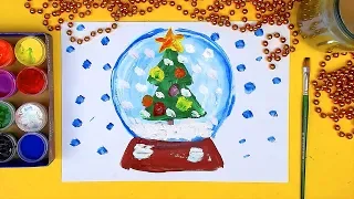 Ёлка в Снежном стеклянном шаре - Урок рисования красками ГУАШЬ
