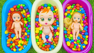 Satisfying Video | Mixing Colored Candies in Rainbow Bathtubs Full of Glossy M&M's & Grid Balls ASMR