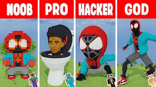 Minecraft: MILES MORALES STATUE HOUSE BUILD CHALLENGE - NOOB vs PRO vs HACKER vs GOD