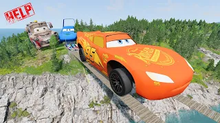 Pixar Cars vs Big & Small Lightning McQueen Boy,Dinoco,Tow Mater vs Suspension Bridge😱-BeamNG.Drive