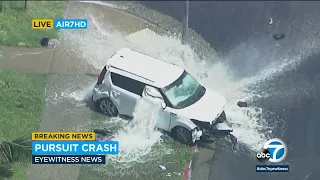 High-speed chase ends in multi-car crash in South LA; car ends up on top of fire hydrant