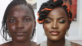 100M VIEWS ⬆️ BARBIE🍫 MELANIN DARK SKIN BRIDAL MAKEUP AND BRIDAL NATURAL HAIR TRANSFORMATION WOC 😍