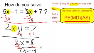 Solve 5x - 1 = 3x + 7