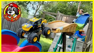 Monster Jam VS Hot Wheels BIG MONSTER TRUCKS 🏠 Longest Race OUTSIDE to INSIDE Our House