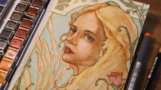 [Eng Sub] Draw Elle Fanning in my style✨️ +  Art Nouveau